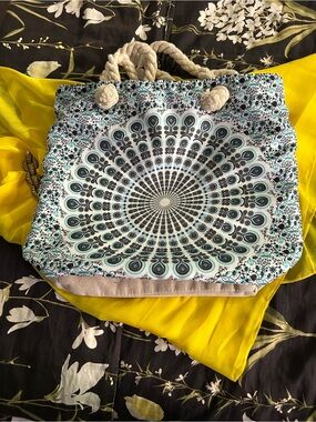 Boho Canvas Tote Bag in Light blue  and White